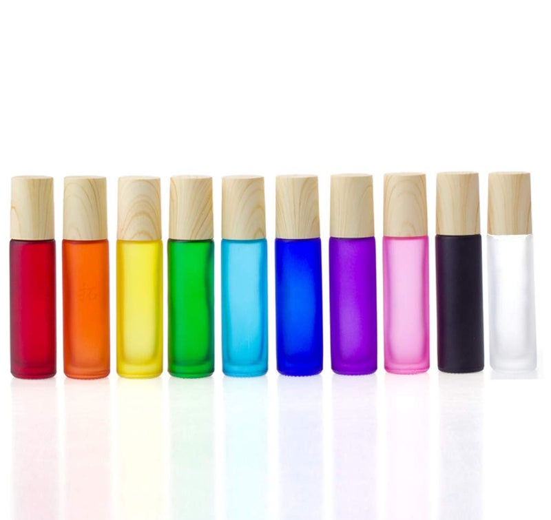 Furnido Essential Oil Roller Bottles 5 Pack 10ml Colorful Frosted Glass Roller Bottles with Stainless Steel Roller Balls Wood Grain Lid Perfume Roll on Bottles Lip Balms Container (White frosted) - Image 2